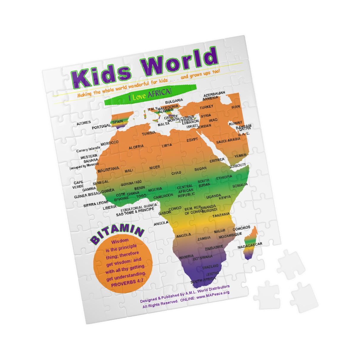 Kids World Africa Map Puzzle — Proverbs 4:7 - 110 Piece Jigsaw (I Love Africa)